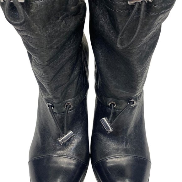Tory Burch Black Leather Double Drawstring Cap Toe Stiletto Booties - Picture 2 of 8
